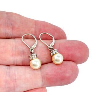 Vintage Sterling Silver 925 Faux Pearl Cubic Zirconia Dangle Earrings